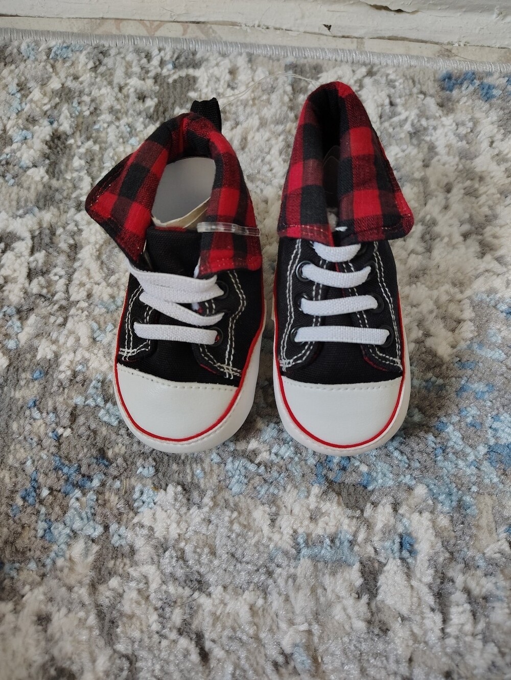 Luvable Friends Black Sneakers with Red Plaid Collar